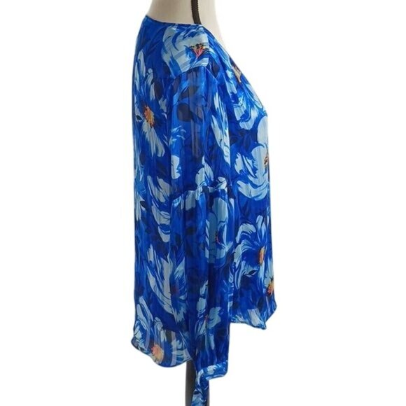 Isaac Mizrahi Blouse Blue Floral V Neck Flowy Womens Size S - Picture 4 of 8